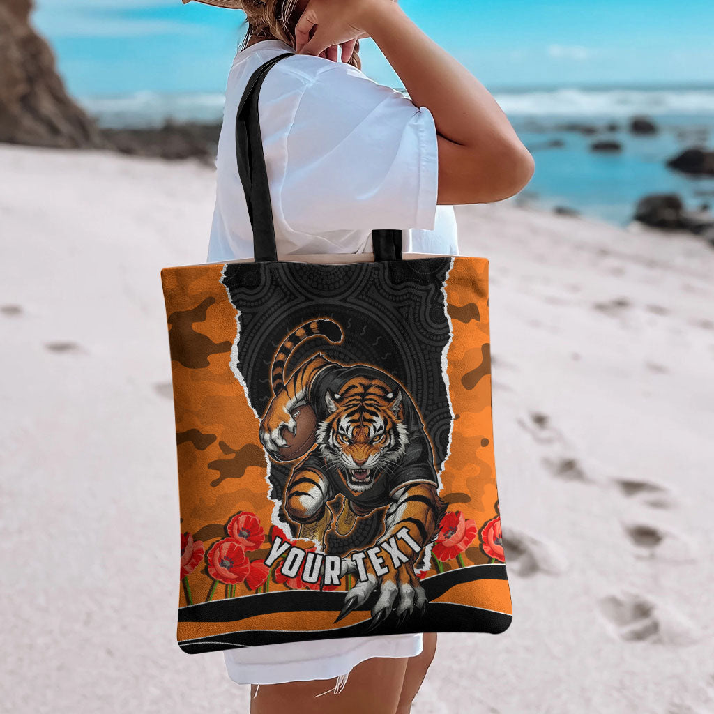 Personalized Wests Tigers ANZAC Tribute Tote Bag Poppy Field Soldier Silhouette Aboriginal Rugby Mascot