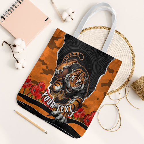 Personalized Wests Tigers ANZAC Tribute Tote Bag Poppy Field Soldier Silhouette Aboriginal Rugby Mascot