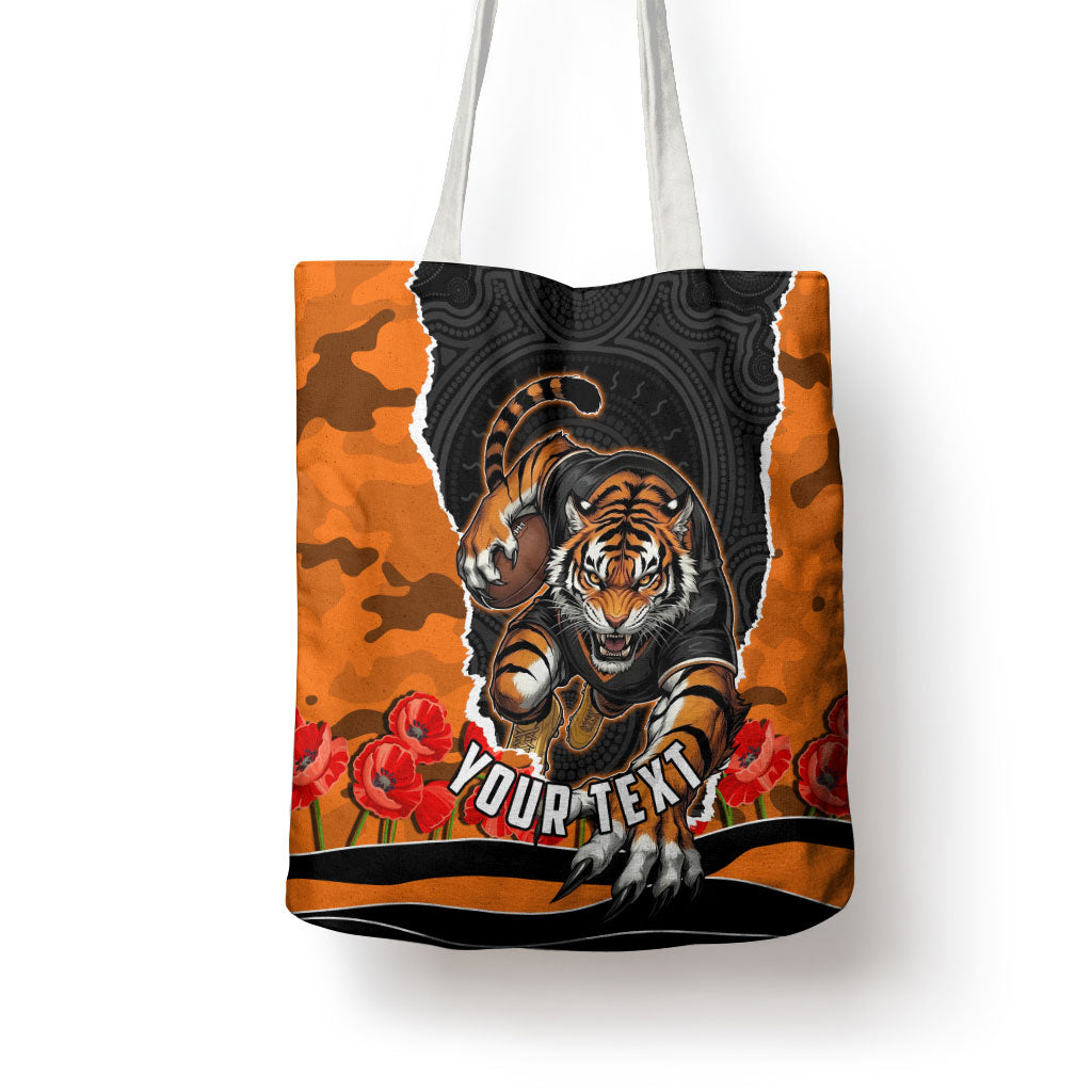 Personalized Wests Tigers ANZAC Tribute Tote Bag Poppy Field Soldier Silhouette Aboriginal Rugby Mascot