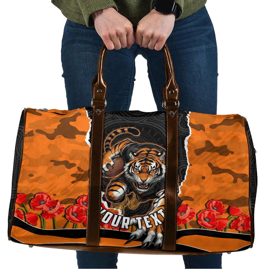 Personalized Wests Tigers ANZAC Tribute Travel Bag Poppy Field Soldier Silhouette Aboriginal Rugby Mascot