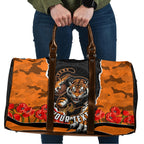 Personalized Wests Tigers ANZAC Tribute Travel Bag Poppy Field Soldier Silhouette Aboriginal Rugby Mascot