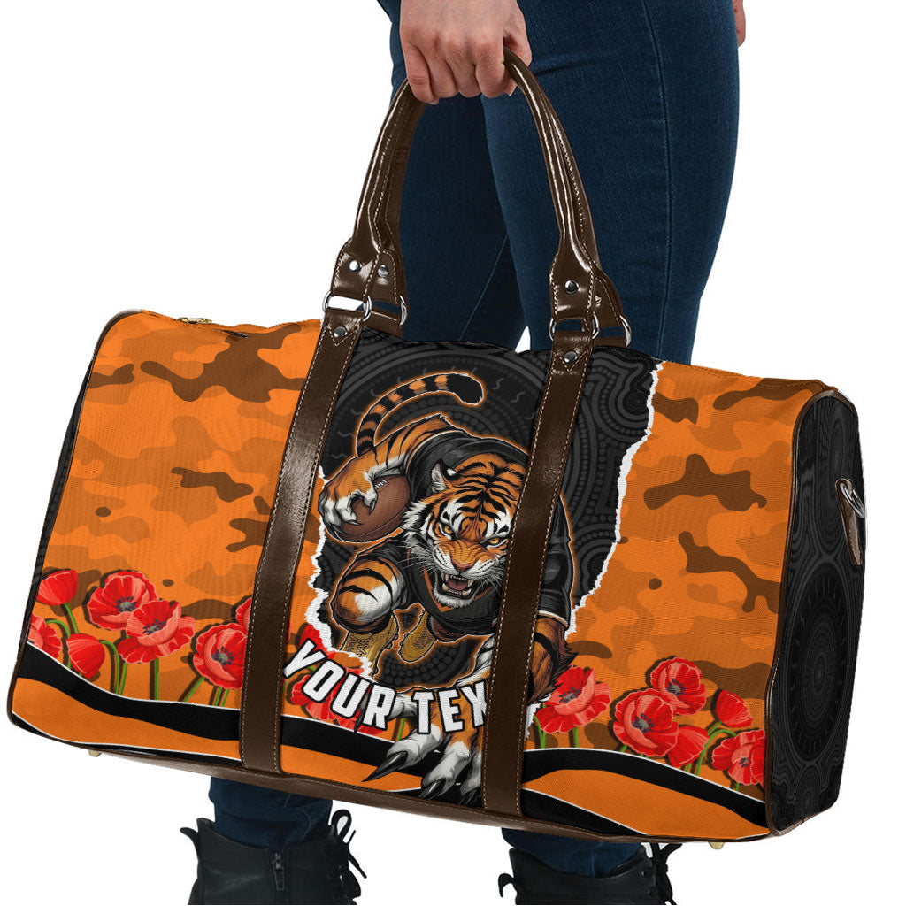 Personalized Wests Tigers ANZAC Tribute Travel Bag Poppy Field Soldier Silhouette Aboriginal Rugby Mascot