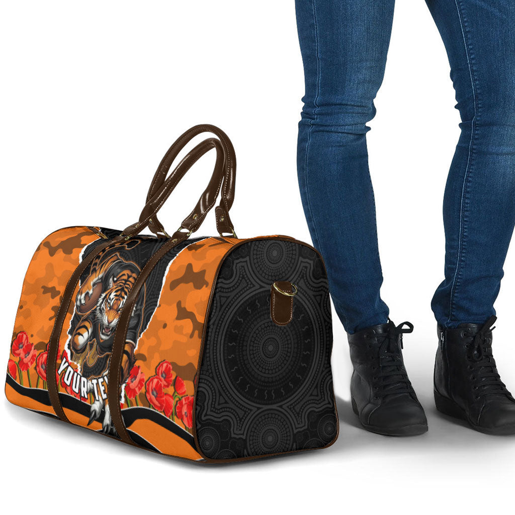 Personalized Wests Tigers ANZAC Tribute Travel Bag Poppy Field Soldier Silhouette Aboriginal Rugby Mascot