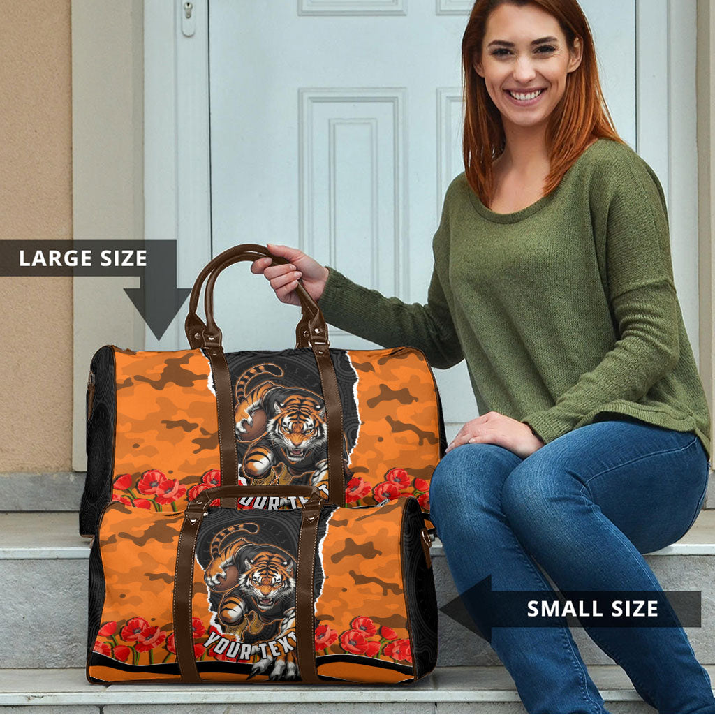 Personalized Wests Tigers ANZAC Tribute Travel Bag Poppy Field Soldier Silhouette Aboriginal Rugby Mascot