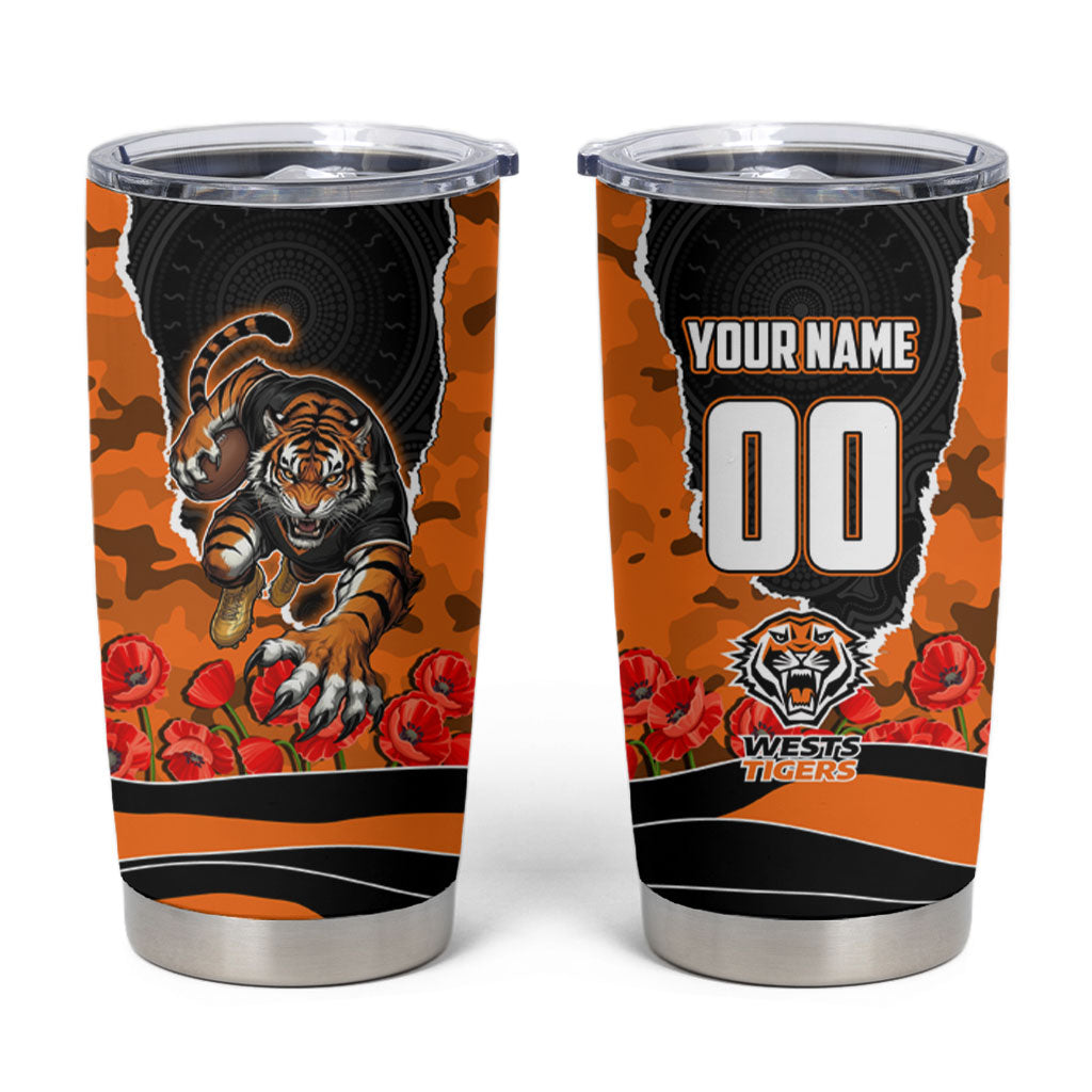 Personalized Wests Tigers ANZAC Tribute Tumbler Cup Poppy Field Soldier Silhouette Aboriginal Rugby Mascot