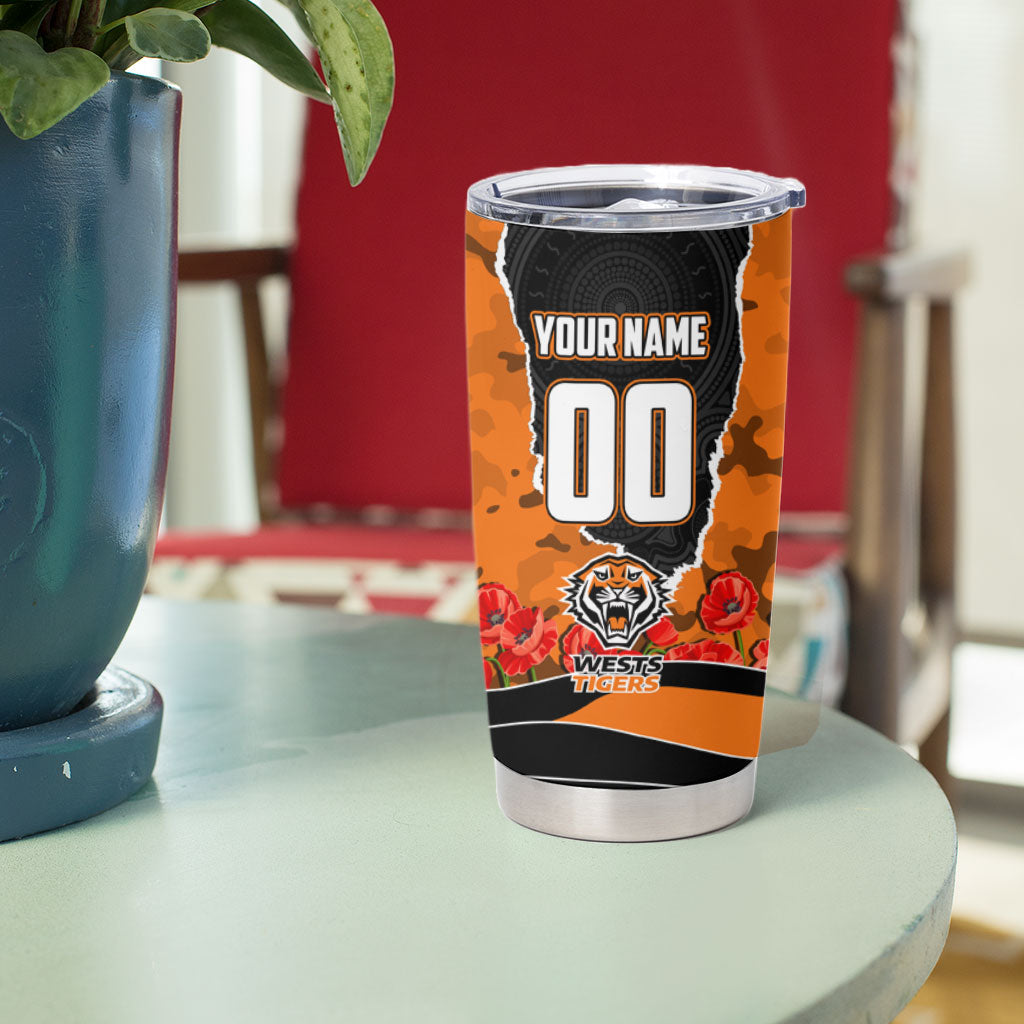 Personalized Wests Tigers ANZAC Tribute Tumbler Cup Poppy Field Soldier Silhouette Aboriginal Rugby Mascot