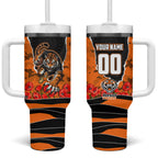 Personalized Wests Tigers ANZAC Tribute Tumbler With Handle Poppy Field Soldier Silhouette Aboriginal Rugby Mascot