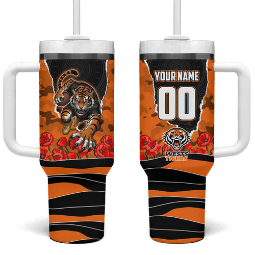 Personalized Wests Tigers ANZAC Tribute Tumbler With Handle Poppy Field Soldier Silhouette Aboriginal Rugby Mascot
