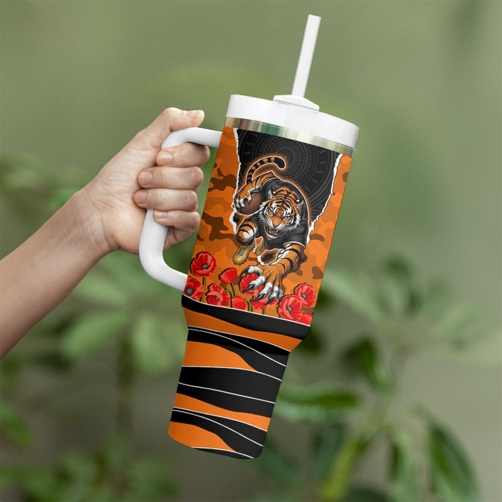Personalized Wests Tigers ANZAC Tribute Tumbler With Handle Poppy Field Soldier Silhouette Aboriginal Rugby Mascot