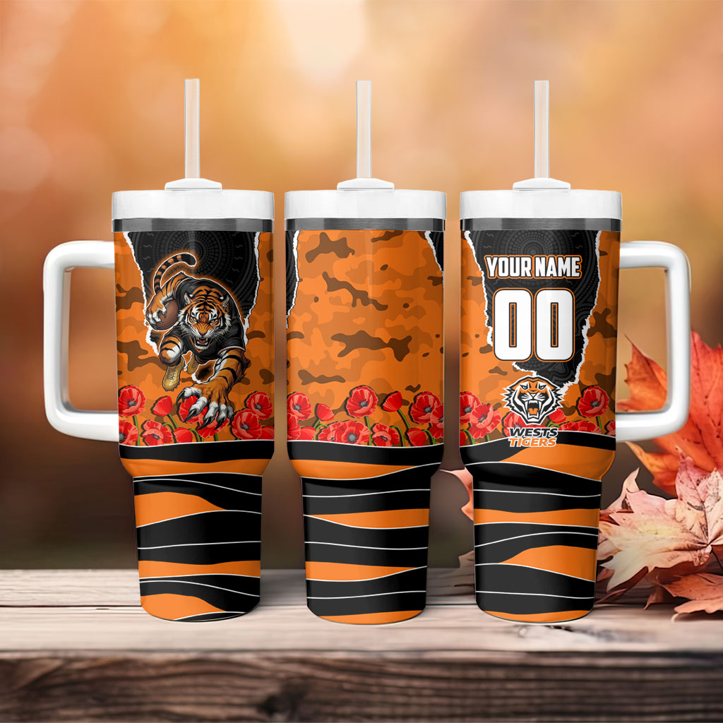 Personalized Wests Tigers ANZAC Tribute Tumbler With Handle Poppy Field Soldier Silhouette Aboriginal Rugby Mascot
