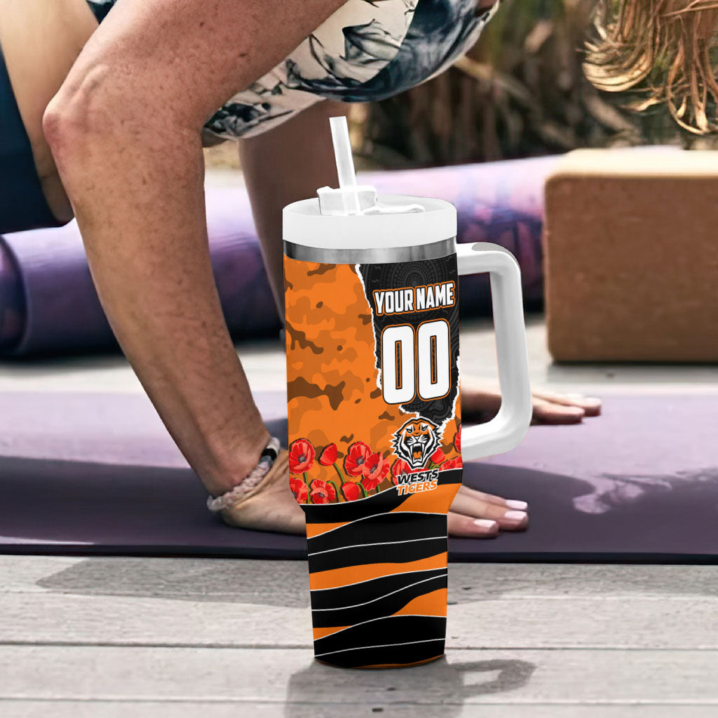 Personalized Wests Tigers ANZAC Tribute Tumbler With Handle Poppy Field Soldier Silhouette Aboriginal Rugby Mascot