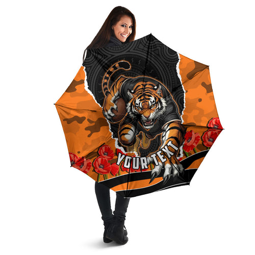 Personalized Wests Tigers ANZAC Tribute Umbrella Poppy Field Soldier Silhouette Aboriginal Rugby Mascot