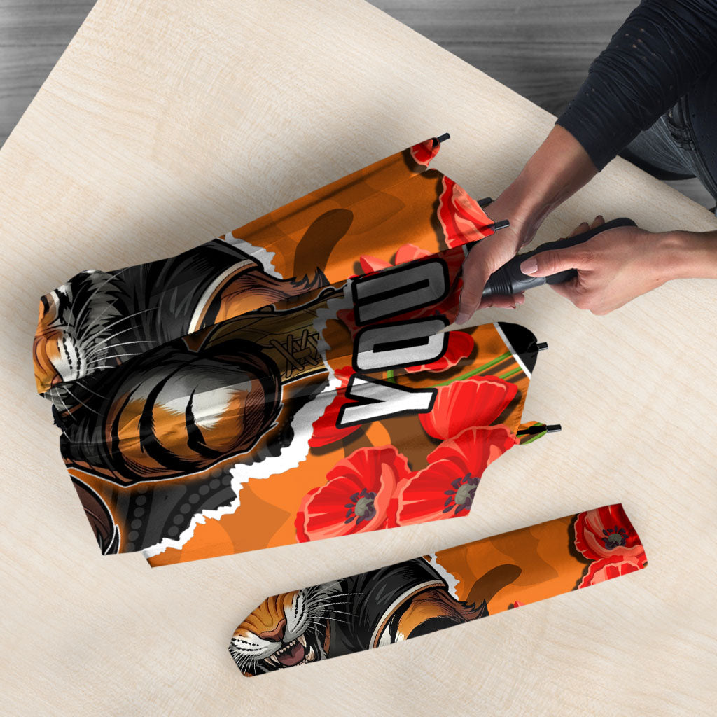 Personalized Wests Tigers ANZAC Tribute Umbrella Poppy Field Soldier Silhouette Aboriginal Rugby Mascot