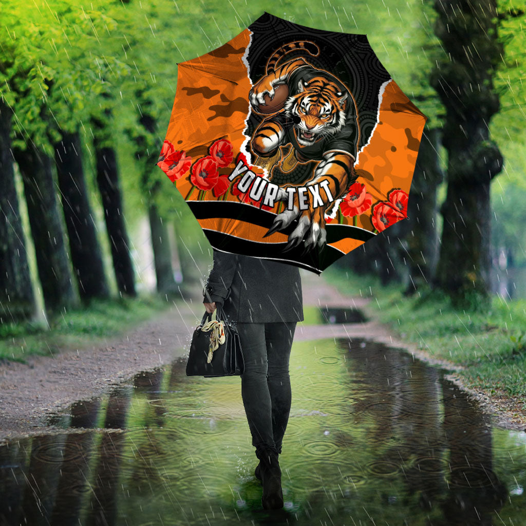 Personalized Wests Tigers ANZAC Tribute Umbrella Poppy Field Soldier Silhouette Aboriginal Rugby Mascot