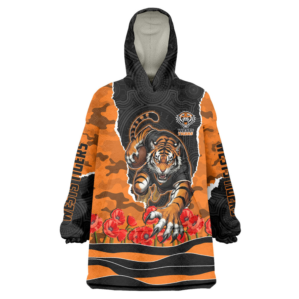 Personalized Wests Tigers ANZAC Tribute Wearable Blanket Hoodie Poppy Field Soldier Silhouette Aboriginal Rugby Mascot