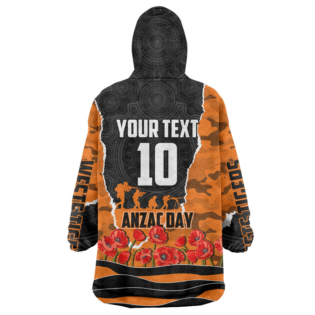 Personalized Wests Tigers ANZAC Tribute Wearable Blanket Hoodie Poppy Field Soldier Silhouette Aboriginal Rugby Mascot