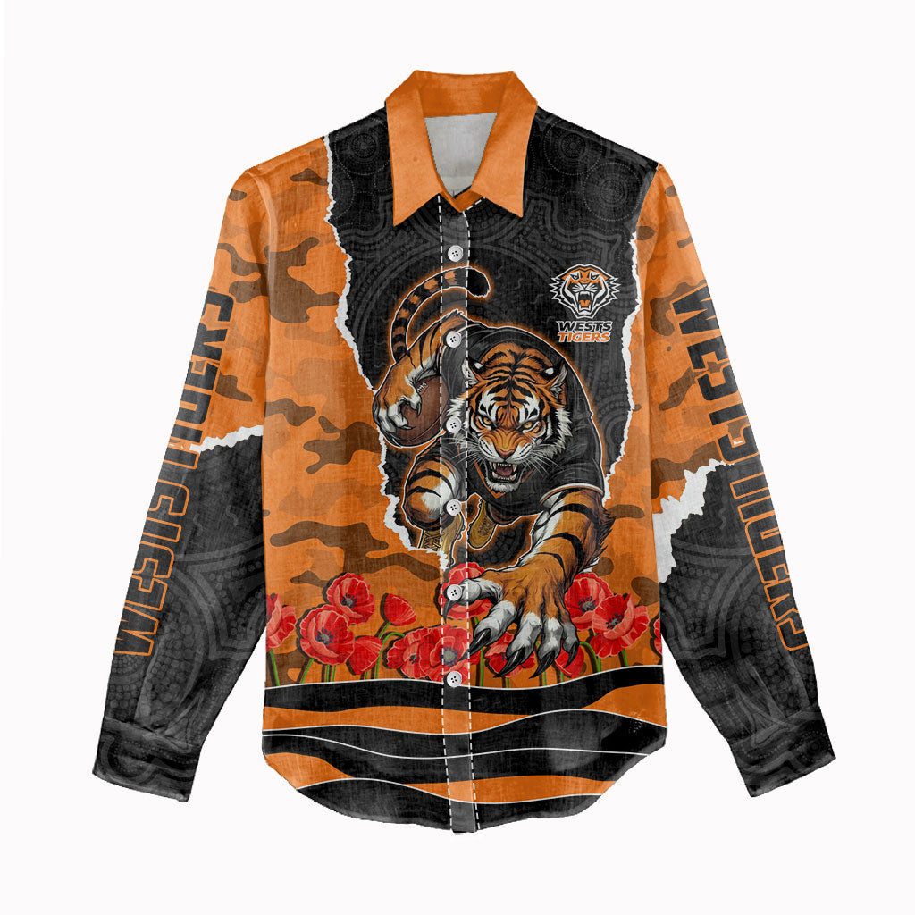 Personalized Wests Tigers ANZAC Tribute Women Casual Shirt Poppy Field Soldier Silhouette Aboriginal Rugby Mascot