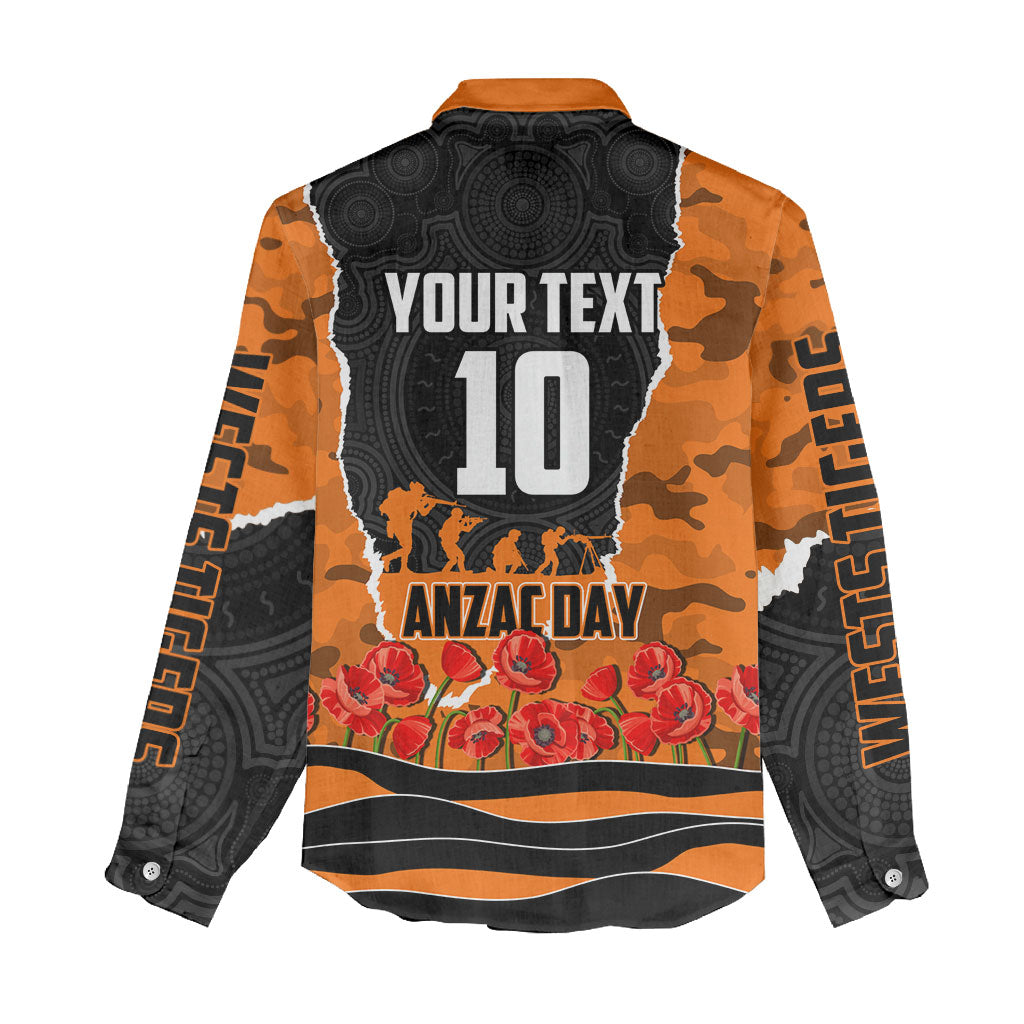 Personalized Wests Tigers ANZAC Tribute Women Casual Shirt Poppy Field Soldier Silhouette Aboriginal Rugby Mascot