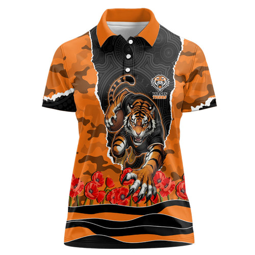 Personalized Wests Tigers ANZAC Tribute Women Polo Shirt Poppy Field Soldier Silhouette Aboriginal Rugby Mascot