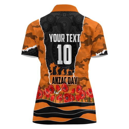 Personalized Wests Tigers ANZAC Tribute Women Polo Shirt Poppy Field Soldier Silhouette Aboriginal Rugby Mascot
