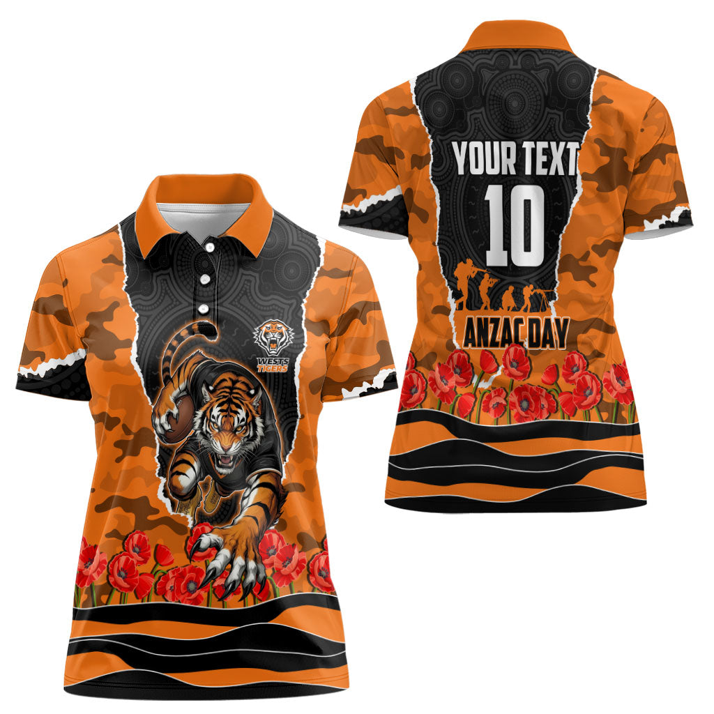 Personalized Wests Tigers ANZAC Tribute Women Polo Shirt Poppy Field Soldier Silhouette Aboriginal Rugby Mascot