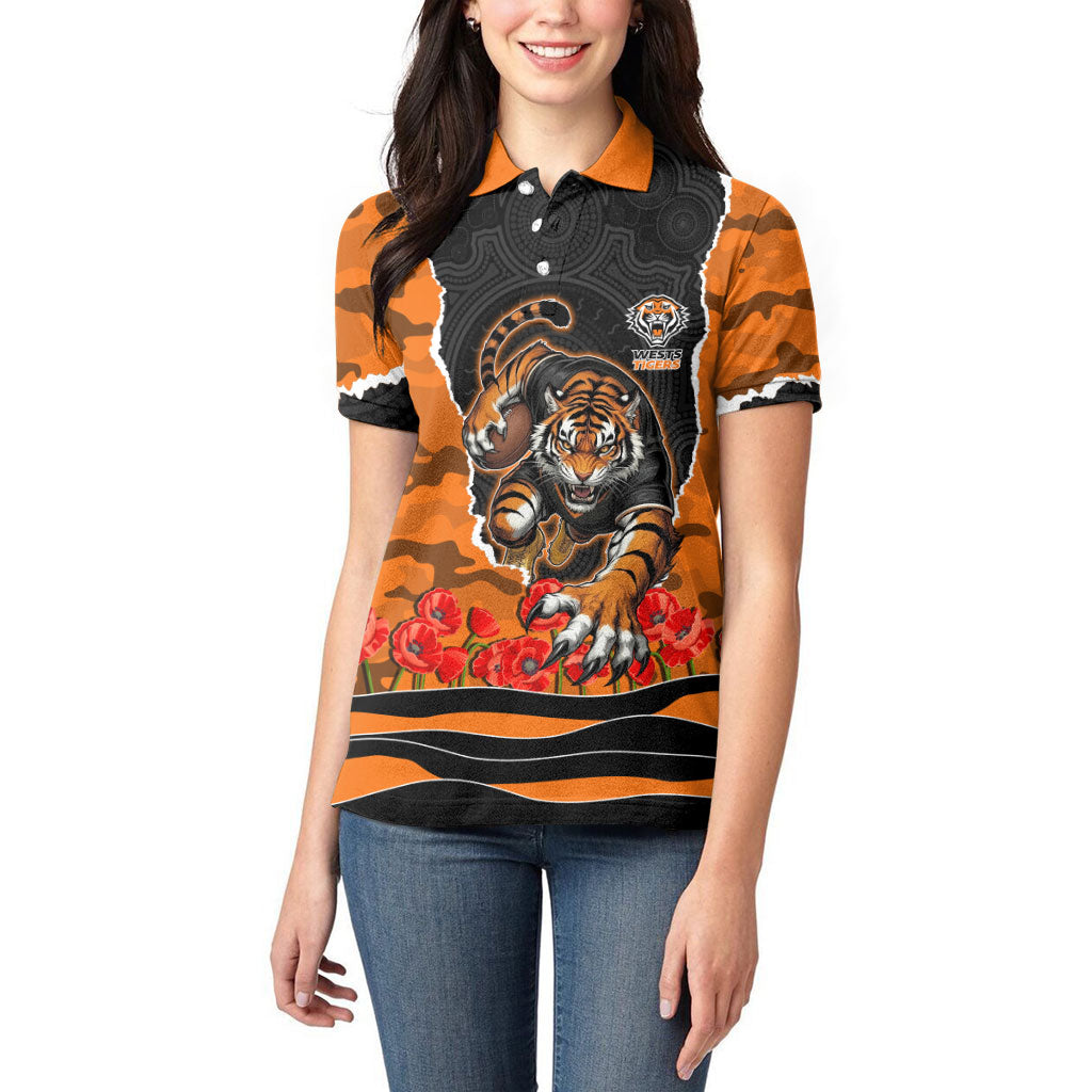 Personalized Wests Tigers ANZAC Tribute Women Polo Shirt Poppy Field Soldier Silhouette Aboriginal Rugby Mascot