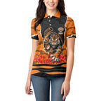 Personalized Wests Tigers ANZAC Tribute Women Polo Shirt Poppy Field Soldier Silhouette Aboriginal Rugby Mascot
