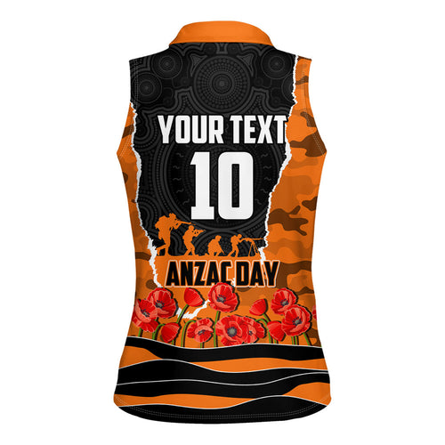 Personalized Wests Tigers ANZAC Tribute Women Sleeveless Polo Shirt Poppy Field Soldier Silhouette Aboriginal Rugby Mascot