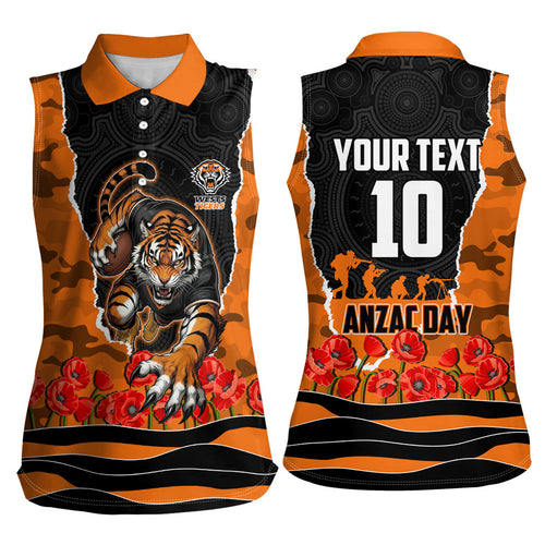 Personalized Wests Tigers ANZAC Tribute Women Sleeveless Polo Shirt Poppy Field Soldier Silhouette Aboriginal Rugby Mascot