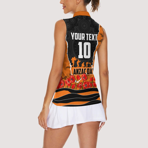 Personalized Wests Tigers ANZAC Tribute Women Sleeveless Polo Shirt Poppy Field Soldier Silhouette Aboriginal Rugby Mascot