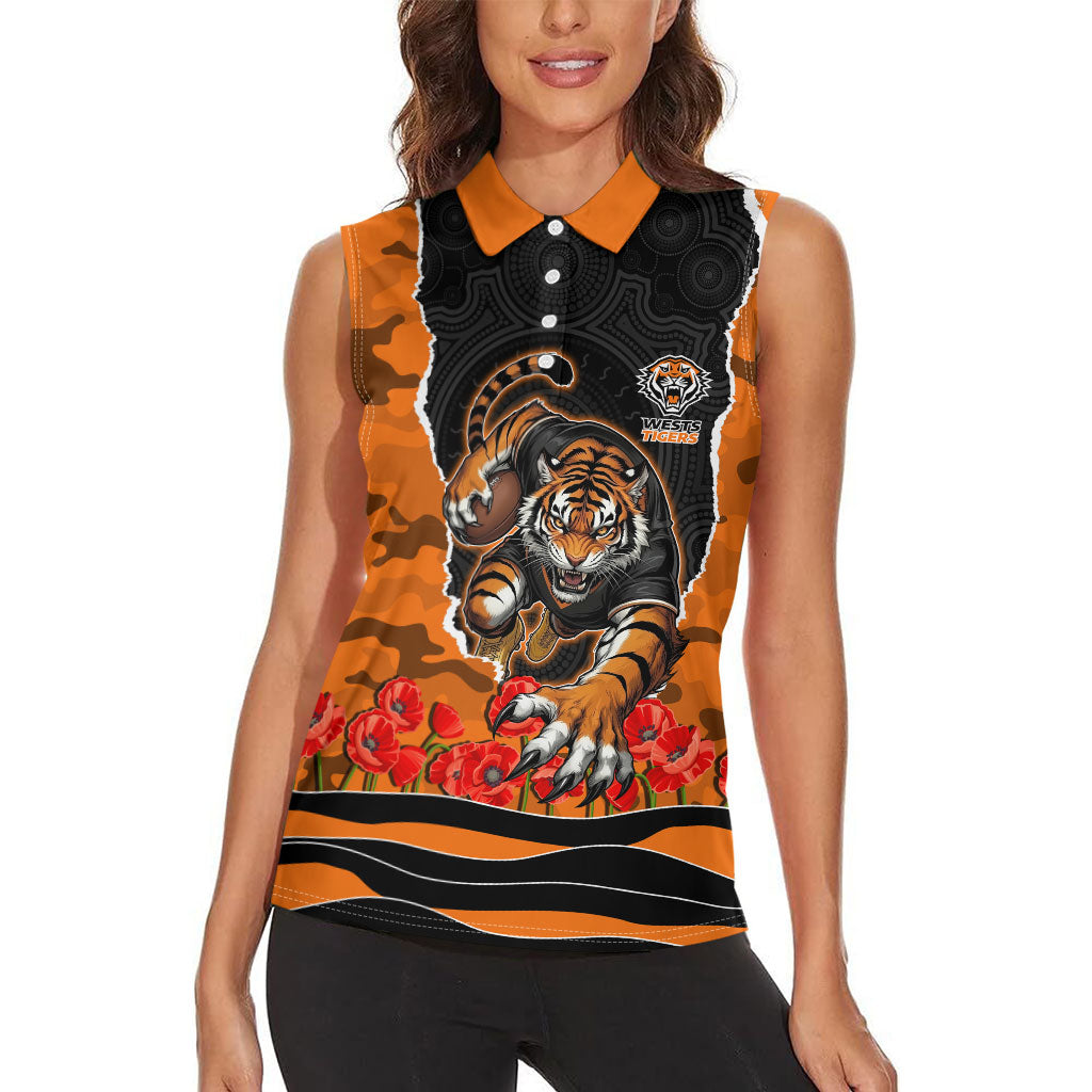 Personalized Wests Tigers ANZAC Tribute Women Sleeveless Polo Shirt Poppy Field Soldier Silhouette Aboriginal Rugby Mascot