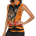 Personalized Wests Tigers ANZAC Tribute Women Sleeveless Polo Shirt Poppy Field Soldier Silhouette Aboriginal Rugby Mascot
