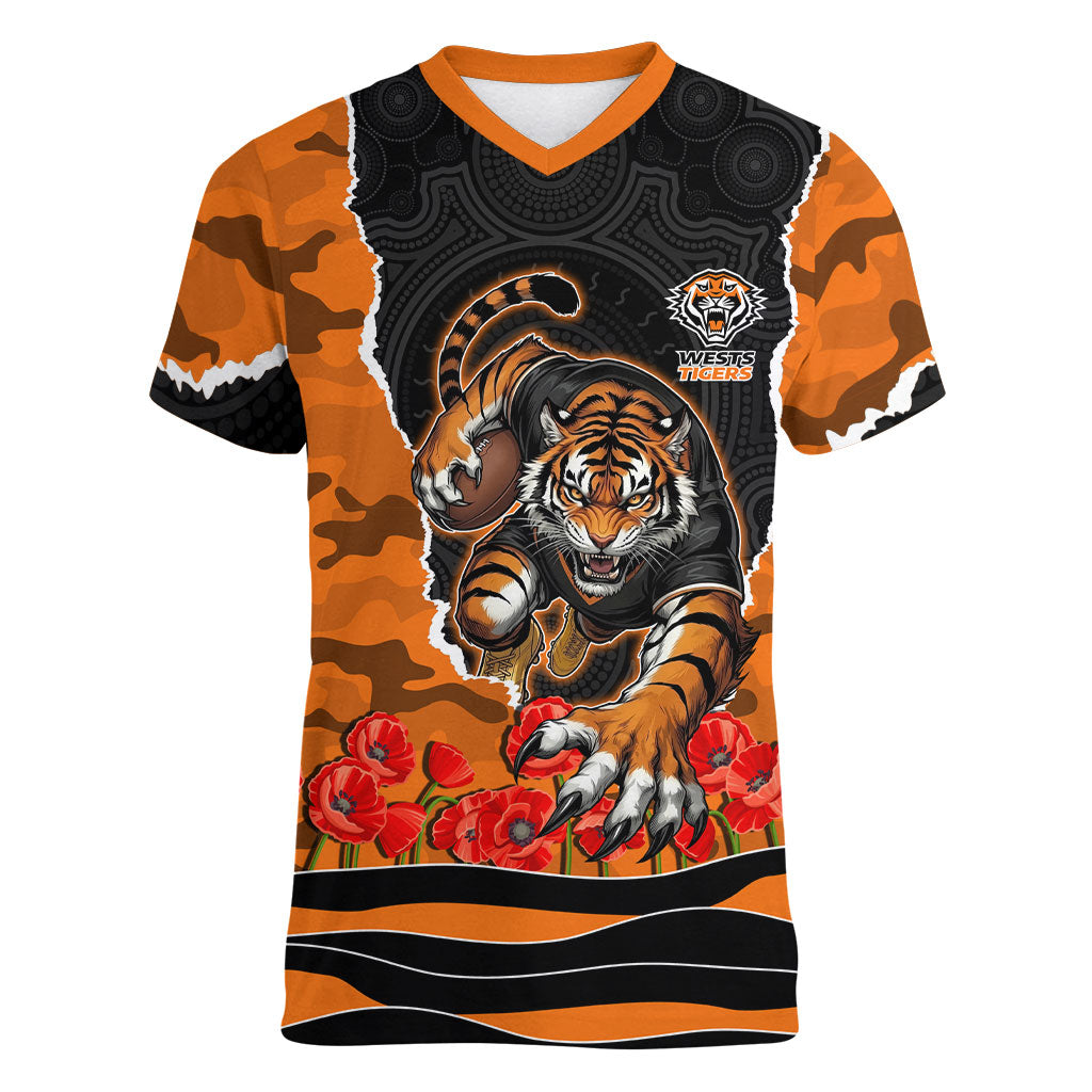 Personalized Wests Tigers ANZAC Tribute Women V-Neck T-Shirt Poppy Field Soldier Silhouette Aboriginal Rugby Mascot