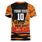 Personalized Wests Tigers ANZAC Tribute Women V-Neck T-Shirt Poppy Field Soldier Silhouette Aboriginal Rugby Mascot