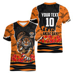 Personalized Wests Tigers ANZAC Tribute Women V-Neck T-Shirt Poppy Field Soldier Silhouette Aboriginal Rugby Mascot