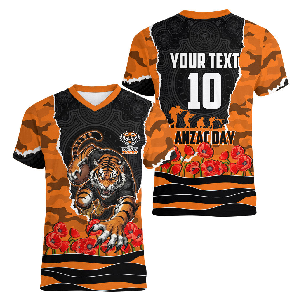 Personalized Wests Tigers ANZAC Tribute Women V-Neck T-Shirt Poppy Field Soldier Silhouette Aboriginal Rugby Mascot