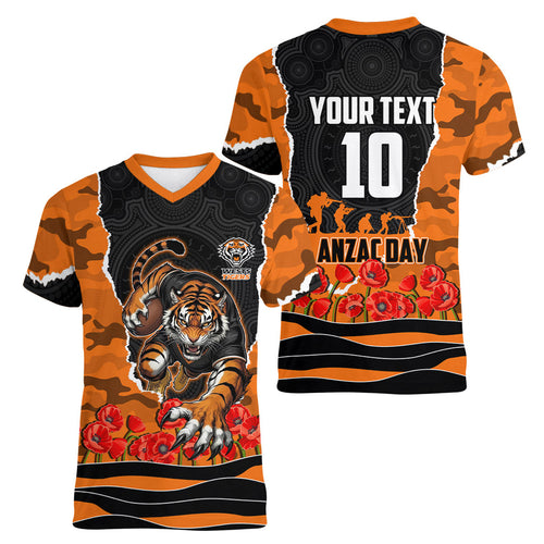 Personalized Wests Tigers ANZAC Tribute Women V-Neck T-Shirt Poppy Field Soldier Silhouette Aboriginal Rugby Mascot