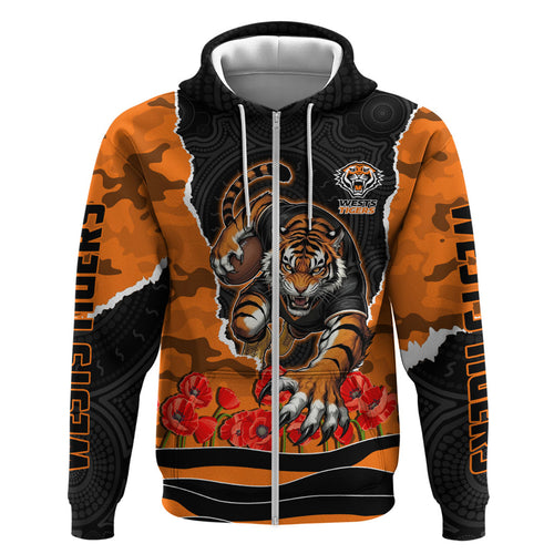 Personalized Wests Tigers ANZAC Tribute Zip Hoodie Poppy Field Soldier Silhouette Aboriginal Rugby Mascot
