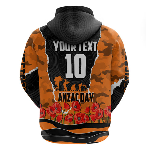Personalized Wests Tigers ANZAC Tribute Zip Hoodie Poppy Field Soldier Silhouette Aboriginal Rugby Mascot