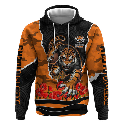 Personalized Wests Tigers ANZAC Tribute Zip Hoodie Poppy Field Soldier Silhouette Aboriginal Rugby Mascot