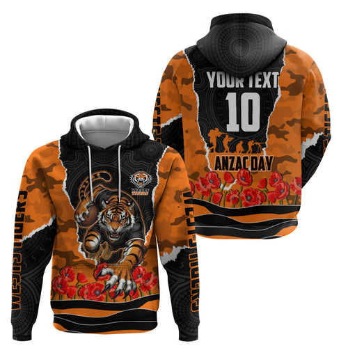 Personalized Wests Tigers ANZAC Tribute Zip Hoodie Poppy Field Soldier Silhouette Aboriginal Rugby Mascot