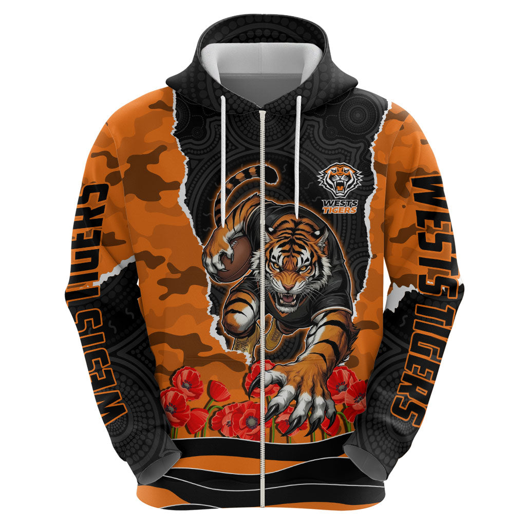 Personalized Wests Tigers ANZAC Tribute Zip Hoodie Poppy Field Soldier Silhouette Aboriginal Rugby Mascot
