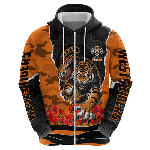 Personalized Wests Tigers ANZAC Tribute Zip Hoodie Poppy Field Soldier Silhouette Aboriginal Rugby Mascot