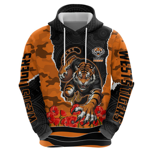 Personalized Wests Tigers ANZAC Tribute Zip Hoodie Poppy Field Soldier Silhouette Aboriginal Rugby Mascot