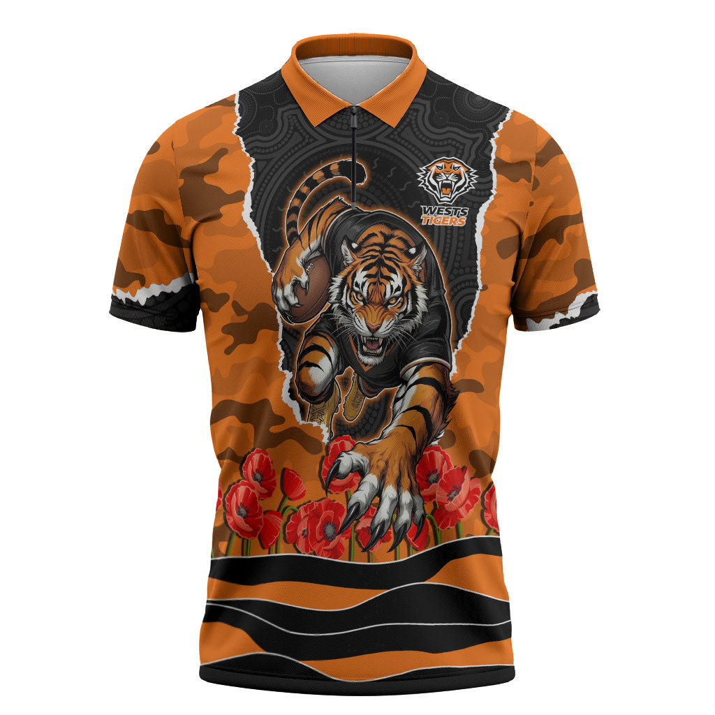 Personalized Wests Tigers ANZAC Tribute Zipper Polo Shirt Poppy Field Soldier Silhouette Aboriginal Rugby Mascot