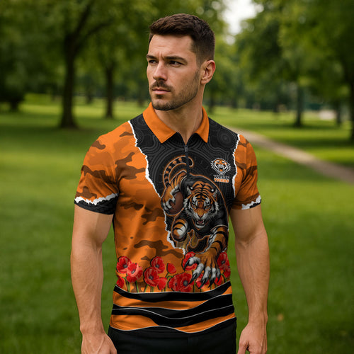 Personalized Wests Tigers ANZAC Tribute Zipper Polo Shirt Poppy Field Soldier Silhouette Aboriginal Rugby Mascot