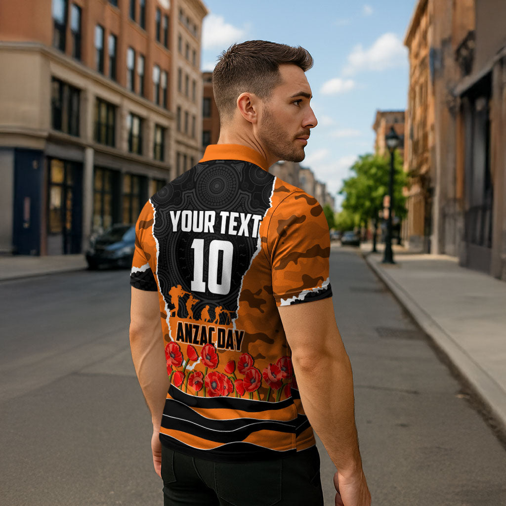 Personalized Wests Tigers ANZAC Tribute Zipper Polo Shirt Poppy Field Soldier Silhouette Aboriginal Rugby Mascot