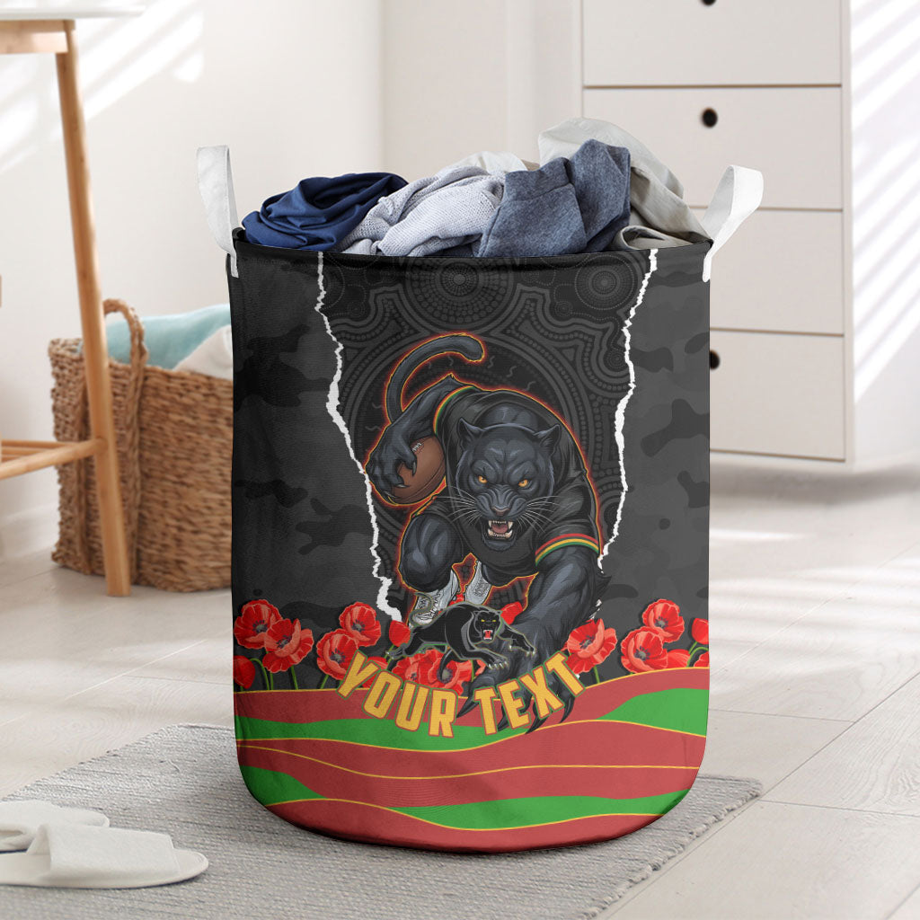 Personalized Penrith Panthers ANZAC Tribute Laundry Basket Poppy Field Soldier Silhouette Aboriginal Rugby Mascot