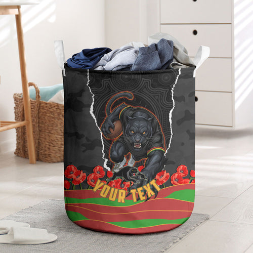 Personalized Penrith Panthers ANZAC Tribute Laundry Basket Poppy Field Soldier Silhouette Aboriginal Rugby Mascot