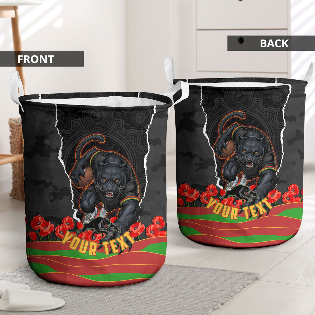 Personalized Penrith Panthers ANZAC Tribute Laundry Basket Poppy Field Soldier Silhouette Aboriginal Rugby Mascot